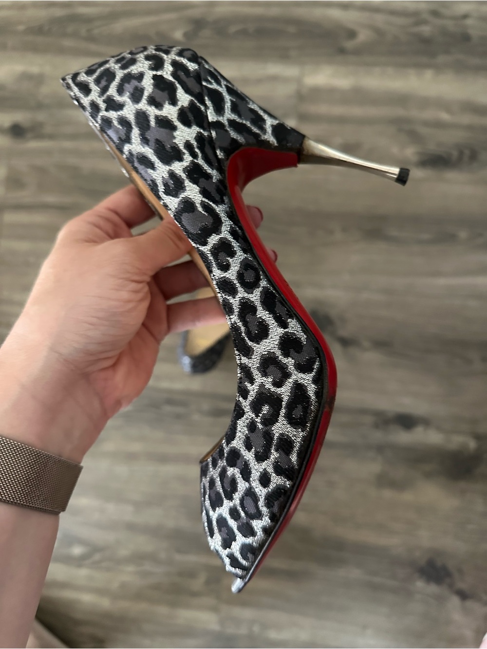 Christian Louboutin Grey Leopard Print Peep-Toe Stiletto Heels - Picture 5 of 8